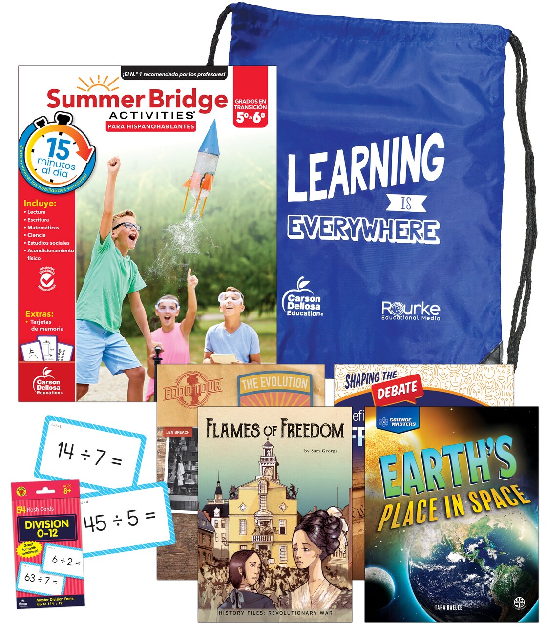 Summer Bridge Activities 5-6 Spanish Summer Learning Resources, Spanish Language 5th Grade to 6th Grade Workbook All Subjects, Division Math Flash Cards, 4 Children's Books, Drawstring Bag